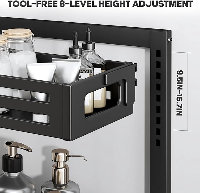 2 Pack Under Sink Organizer,Pull Out Cabinet Organizer with Smooth Cylindrical Rail,Metal Slide Out Drawer for Kitchen Bathroom Laundry Cabinet,8-Level Tool Free Height Adjustable-Black