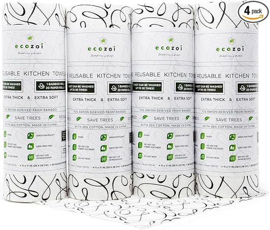 Ecozoi Bamboo Rayon Reusable Towels - 4 Pack | Equivalent to 80 Regular Rolls | 70% Rayon from Bamboo and 30% Cotton Kitchen Paper Rolls | 50 Times More Usage than Regular Paper Rolls