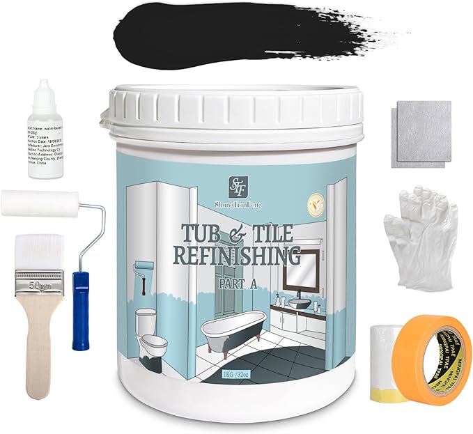 32 FL Oz Black Ceramic Tub and Tile Refinishing Kit - Bathtub, Bathroom Wall, Countertop, Sink Paint - Easy to Use, Waterproof, Low Odor, No Toxic (White 50-60 sq.ft)