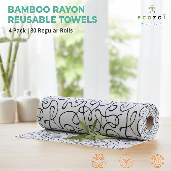 Ecozoi Bamboo Rayon Reusable Towels - 4 Pack | Equivalent to 80 Regular Rolls | 70% Rayon from Bamboo and 30% Cotton Kitchen Paper Rolls | 50 Times More Usage than Regular Paper Rolls