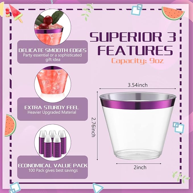 Lounsweer 100 Pcs 9oz Rimmed Plastic Cups Wedding Clear Cocktail Cups Heavy Duty Disposable Wine Glasses for Birthday Bridal Shower Baby Shower Holiday Celebrations(Purple)