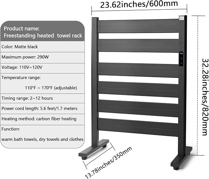 Towel Warmer for Bathroom, 6-Bar, Upgraded Extra-Wide Heating Area, Built-in Timer and Temperature Adjustment, Overheating Protection. Large Free-Standing Heated Towel Rack，Matte Black