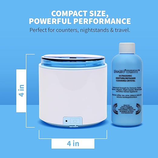 iSonic Portable Ultrasonic Cleaner + Cleaning Crystal Powder Mix Bundle for Dentures, Aligners, & Retainers – Deep Cleaning System for Stains, Odors & Buildup Removal