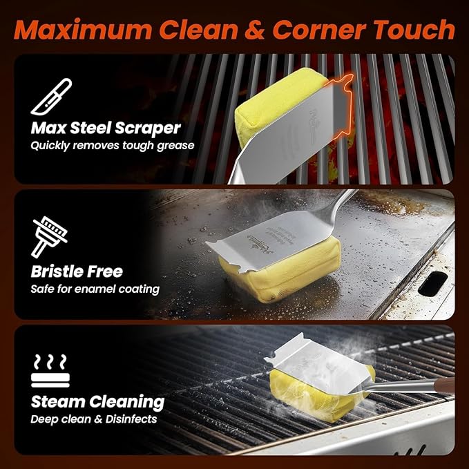 Grill Brush for Outdoor Grill, Bristle Free Grill Brush with Scraper, Safe Steam Grill Cleaner for BBQ &Griddle, Long Rosewood Handle Reaches Corners, for Porcelain, Cast Iron & Stainless Steel Grates