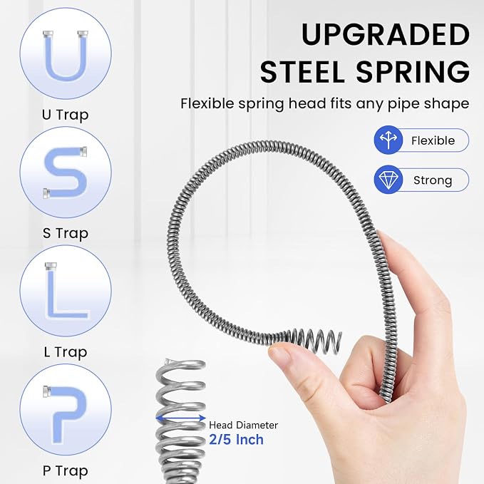 XJX Drain Auger, Plumbing Snake with Drill Adapter, 25FT Flexible Steel Drain Clog Remover, Manual or Powered for Kitchen, Bathroom & Shower Sink, with Gloves and Storage Bag