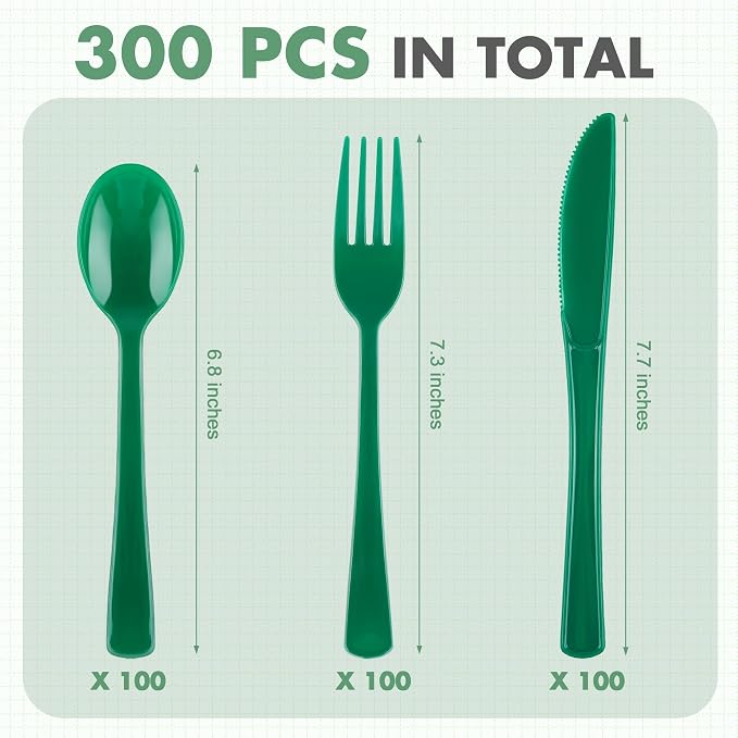 Kochorie 300Pcs Graduation Ink Green Heavy Duty Disposable Plastic Silverware Set, Premium Sturdy Cutlery Flatware Include Forks Knives Spoons for Graduation Birthday Wedding Party Dinner