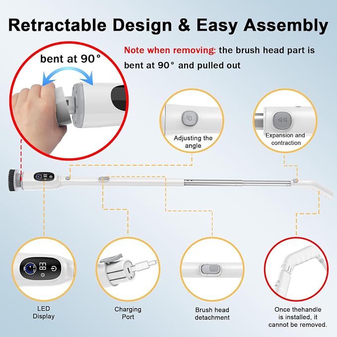 Electric Spin Scrubber, Cordless Power Scrubber with Adjustable Long Handle, 3 Speeds with IPX7 Shower Scrubber, 8 Brush Heads, Electric Cleaning Brush for Bathroom/Kitchen/Bathtub/Crack/Floor/Car