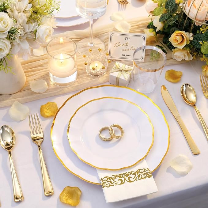 LIYH 350 Pcs White Plates for Wedding Reception Plastic Plates for Party 50 Guest 100 Disposable Plates 150 Gold Plastic Silverware 50 Gold Cups 50 Napkins Perfect for Wedding Birthday