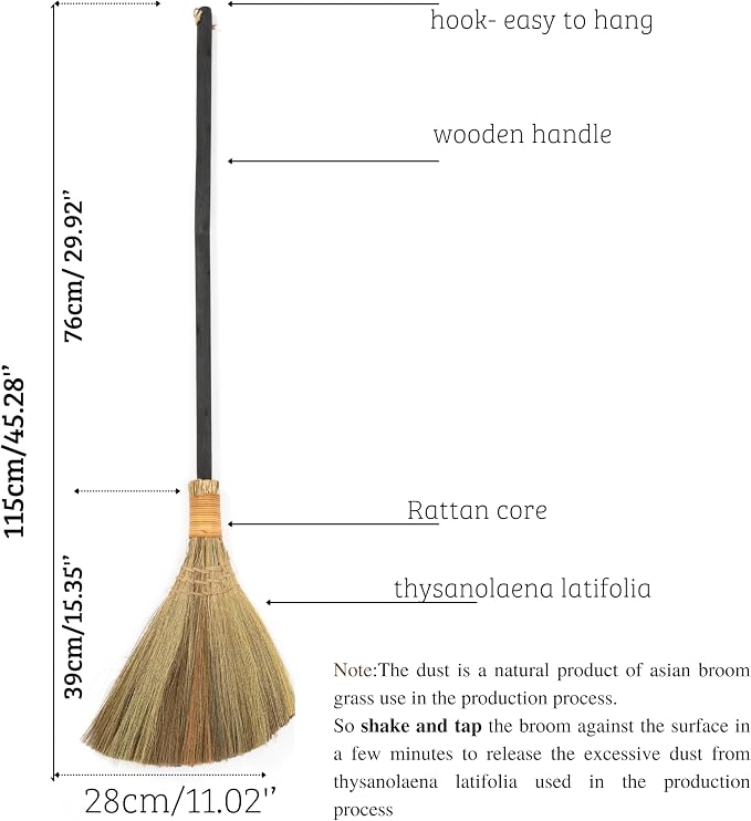 Vietnamese Straw Soft Broom - Sweeping Broom with Black Wooden Handle for Cleaning, Decoration, Wedding with 45.28inch Length