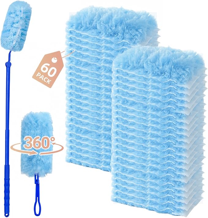 60 Count Heavy Duty Duster Refills for Swiffer Duster, 360° Double-Sided Electrostatic Dusting Pads with Upgraded Thick Fibers, 2 Handles Included, Disposable Microfiber Duster for Cleaning Home(Blue)