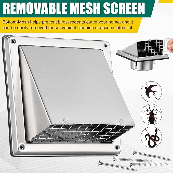 4 Inch Dryer Vent Cover Outside with Stainless Steel Guard Outdoor Wall Dryer Exhaust Vent Cover Shroud Hood Cushioned Non Return Flap with Sealing Gasket(square, with Extension Tube)