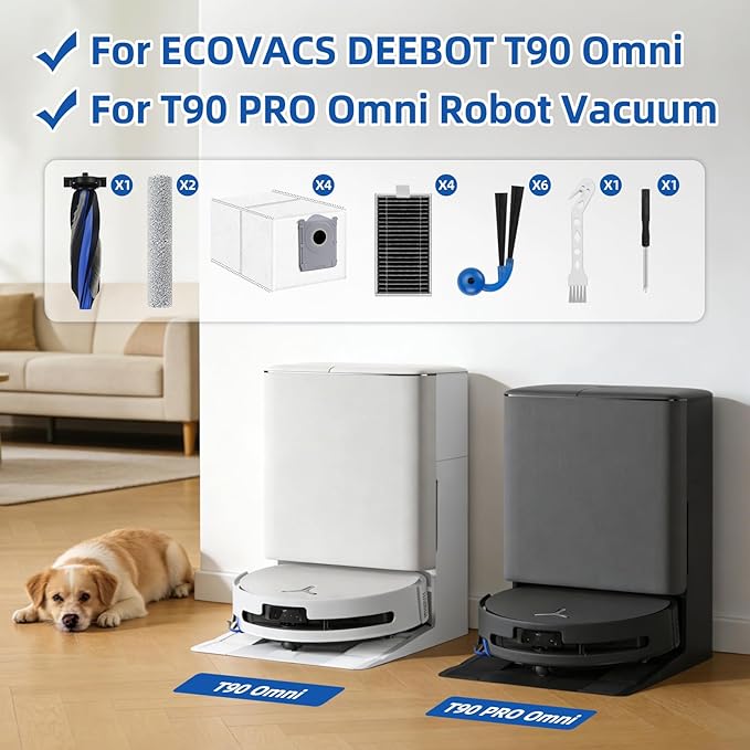 T90 PRO Omni Replacement Parts for ECOVACS DEEBOT T90 Omni / T90 PRO Omni Robot Vacuum, Include 1 Main Brush, 2 Mop, 4 Dust Bags, 4 Filters, 6 Side Brushes and 1 Screwdrivers,1 Clean Brush