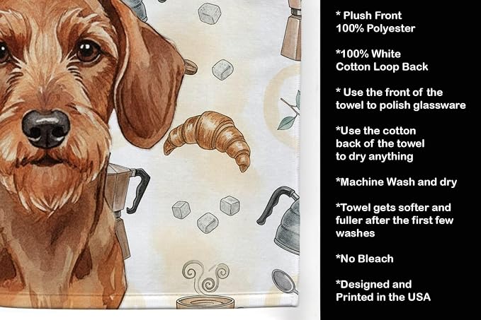 Caroline's Treasures Wirehaired Red Dachshund Coffee Bar Kitchen Towel Velour Plush Front and Cotton Loop Back Machine Washable