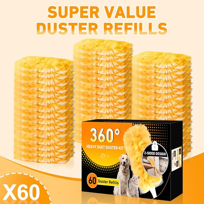 60 Count Heavy Duty Duster Refills for Swiffer, Multisurface 360° Larger Size Dusters with 4X Cleaning Power, Disposable Dusters for Pet, Cleaning Home, Blinds, Fans, Corners (60 pcs-Orange)