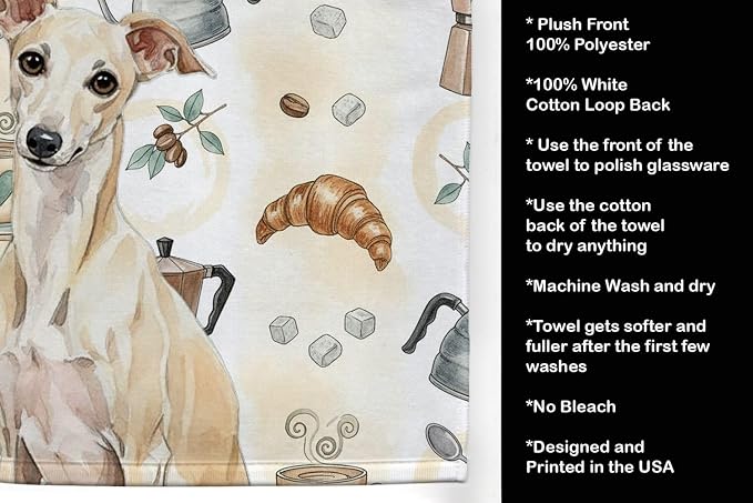 Caroline's Treasures Cream Italian Greyhound Coffee Bar Kitchen Towel Velour Plush Front and Cotton Loop Back Machine Washable