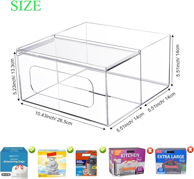 Acrylic Trash Bag Holder Dispenser Kitchen and Bathroom Organizers and Storage - Large Garbage Bag Dispenser Under Sink - Clear Laundry Room Organization with Lid