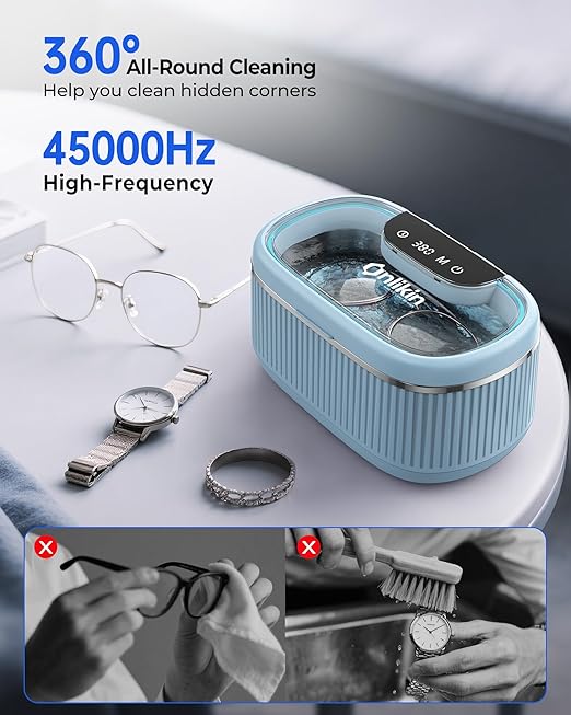 45KHz Ultrasonic Jewelry Cleaner, 5 Timer & 3 Power Modes, 35W Retainer Cleaner for Jewelry, Eyeglasses, Rings, Watch Strap, Dentures - Quiet <38dB, 20oz, 304 Stainless Steel Tank(Blue)