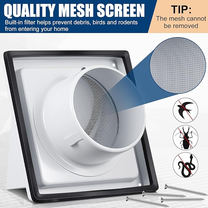 Gisafai 4" Dryer Vent Cover Outside with Stainless Steel Guard Wall Dryer Exhaust Cap and Removable Extended Pipe Vent Shroud Hood Cushioned Non Return Flap with Sealing Gasket Grille(White)