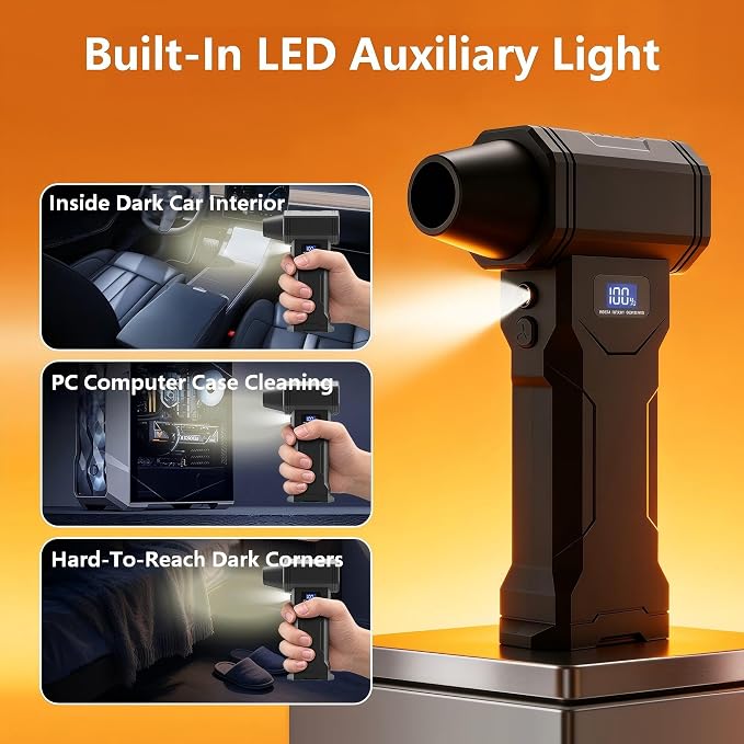 130000RPM Compressed Air Duster, 45m/s Handheld Turbo Blower, 4 Speed Adjustable Mini Electric Air Duster with LED Light & 5 Nozzles for Computer, Keyboard, Car, Camping Cleaning & Inflation
