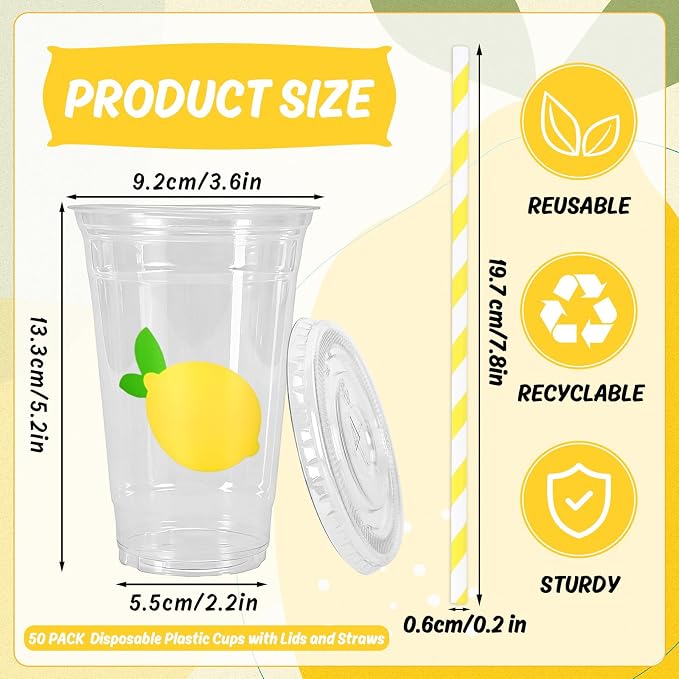 Whaline 50Pcs 16Oz Lemon Disposable Plastic Cups with Lids and Straws Summer Citrus Fruit Cold Beverage Drinking Cups for Birthday Baby Shower Party Supplies