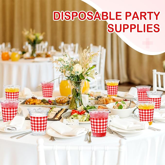 Qinyoung Checkered Plastic Cups 12oz Gingham Party Disposable Cups Bulk Drinking Cup for Cold Drinks Baby Shower Wedding Summer Birthday Party Supplies(Red and White,50 Pcs)