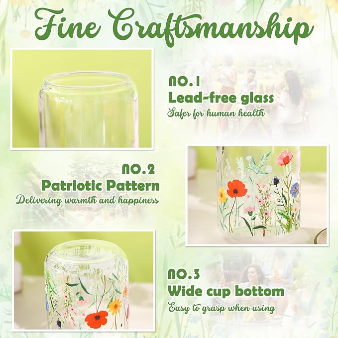 Sliner 2 Pcs Wildflower Glass Cups Floral Drinking Glasses Flower Iced Coffee Cup with Lid Straw 16 oz Cute Beer Can Tumbler Bridesmaid Gifts for Women Girl Holiday Summer Home Office Decorations