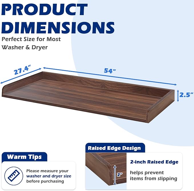 ROYXEN Washer Dryer Countertop, Laundry Countertop Solid Wood, Countertop for All Front-Loaded Washing Machine and Dryer, Extra Room for Laundry Room, Walnut Color