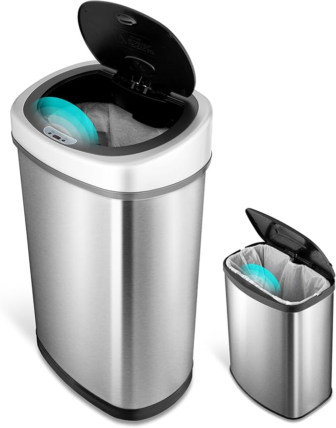 NINESTARS CB-DZT-50-98-1C Automatic Touchless Motion Sensor Oval & Rectangular Trash Can Combo Set, 13.2 Gal. 50 L. & 2.1 Gal.8 L., Stainless Steel