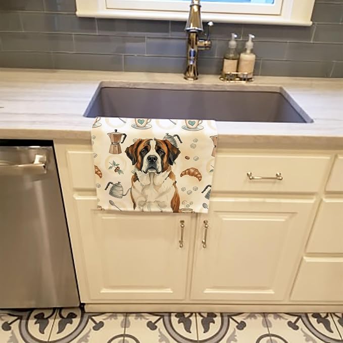 Caroline's Treasures Brindle and White Saint Bernard Coffee Bar Kitchen Towel Velour Plush Front and Cotton Loop Back Machine Washable