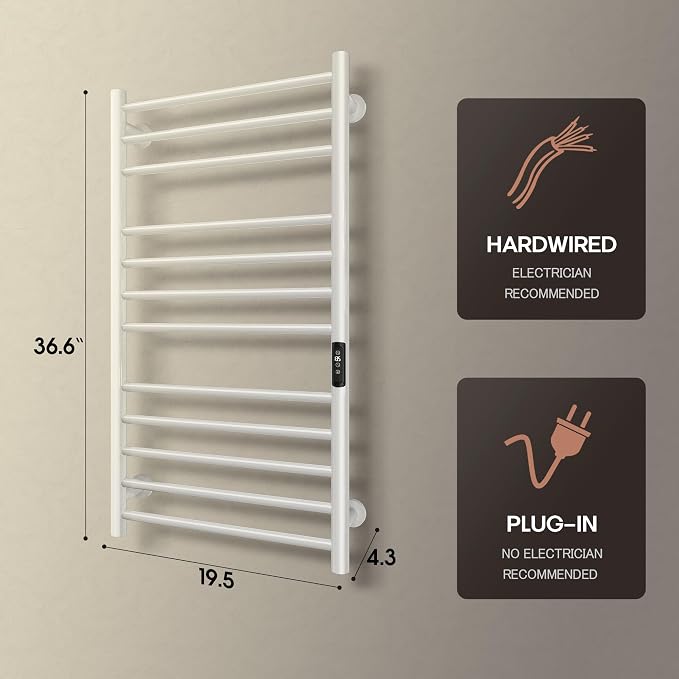 Poloma Wall Mounted Towel Warmer Rack for Bathrooms, Electric Heated Towel Rack Heater, Stainless Steel 12Bars White, CSA Certified.