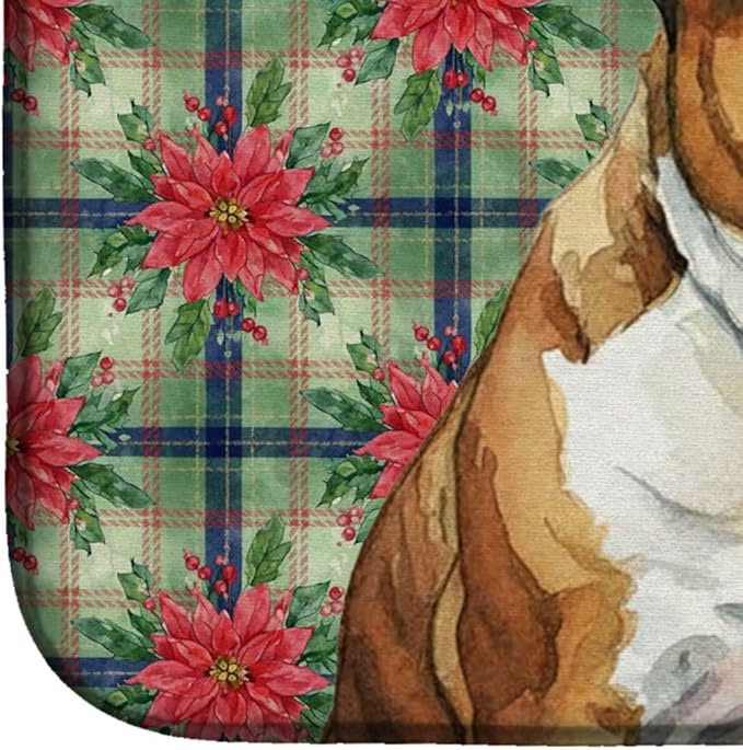 Caroline's Treasures Brindle and White English Bulldog Christmas PoinsettIas Dish Drying Mat Absorbent Dish Drying Mat Pad for Kitchen Counter Dish Drainer Mat for Countertop, 14 x 21", Multicolor