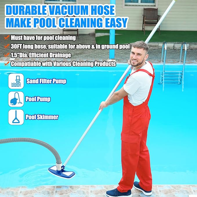3 Pcs Pool Vacuum Kit Manual Vacuum Head with 1-1/2" x 18ft Long Hoses and Skimmer Net Flexible Head Wheels, Maintenance Accessory Tool for Above Ground Inground Pool Cleaning