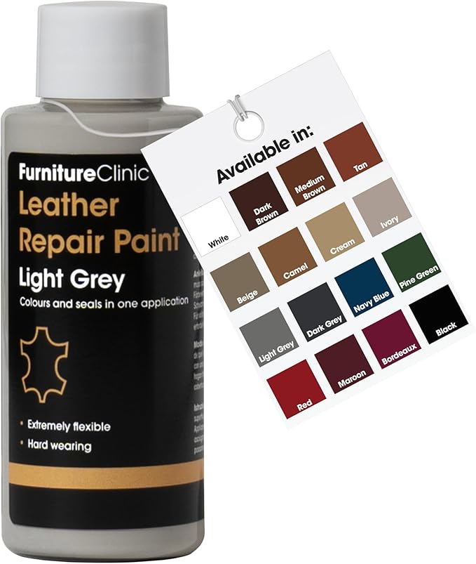 Furniture Clinic Leather Repair Paint | 2-in-1 Seal and Color | Use on Scratches, Tears, and Holes in Car Seats, Furniture | Quick and Easy Leather Repair Kit for Furniture (Light Grey, 50ml / 1.7oz)
