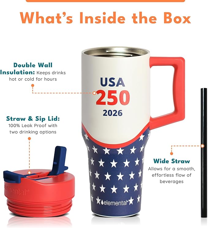Elemental 32 oz 100% Leak Proof Tumbler with Handle & Straw - Stainless Steel Double Wall Insulated Tumbler for Hot and Cold Beverages - Travel Coffee Mug with Sip & Straw Lid - USA 250