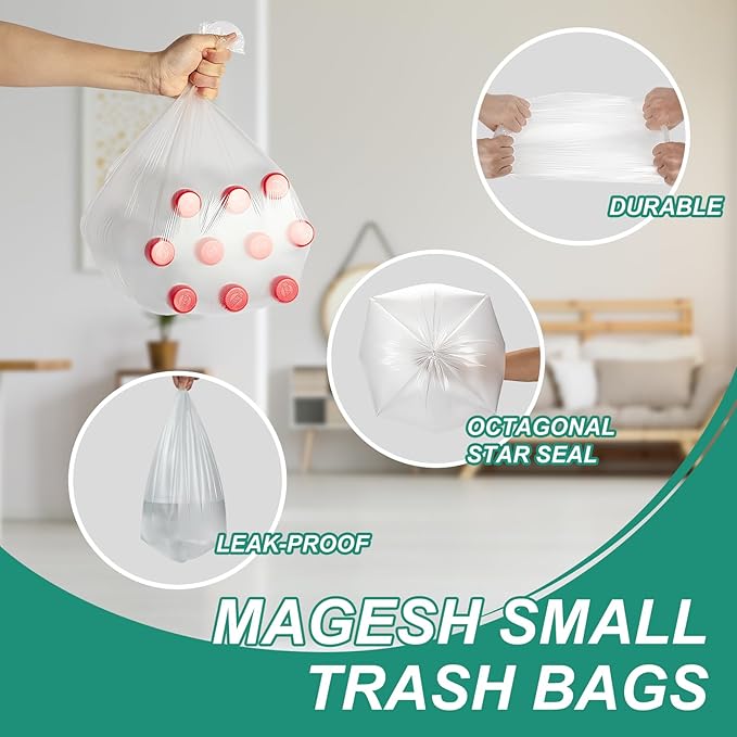 Magesh 4-6 Gallon Trash Bag Strong, Leakage-Free, Small Garbage Bags Unscented Thick for Bathroom, Office, Kitchen Small Trash Can, 15L, 1000 Bags, Clear