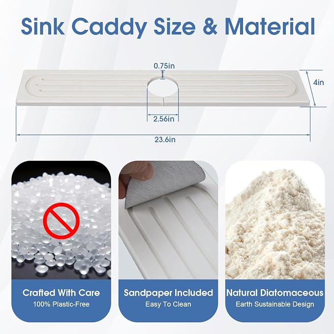 Drying Stone Faucet Mat for Kitchen Sink, 23.9 Inch Long Kitchen Sink Splash Guard Behind Faucet, Stone Drying Tray, Ultra Fast Absorbing Mat Diatomaceous Earth, Pure white