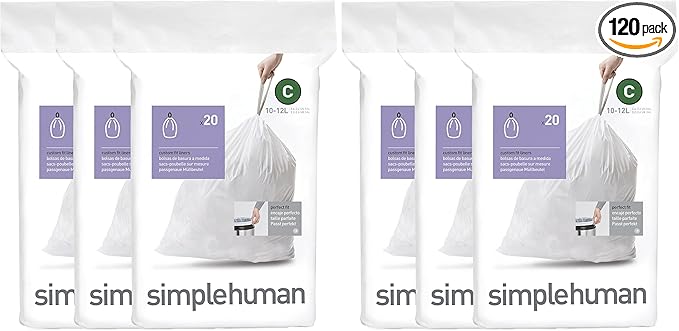 simplehuman Code C,Dispenser Pack Custom Fit Liners,Drawstring Trash Bags,10-12 Liter / 2.6-3.2 Gallon,White,60 Count (Pack of 2)