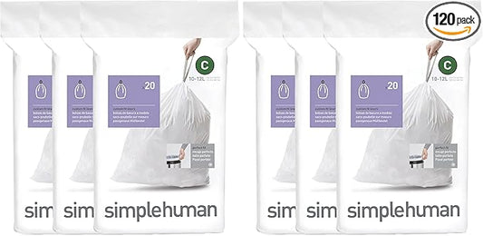 simplehuman Code C,Dispenser Pack Custom Fit Liners,Drawstring Trash Bags,10-12 Liter / 2.6-3.2 Gallon,White,60 Count (Pack of 2)