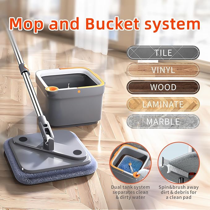 Spin Mop and Bucket Set with 10 Replaceable Microfiber Mop Pads with Self Separation Dirty and Clean Water System, Self Wringing 360° Rotating Square Mop Head for Hardwood Tile Marble Floors