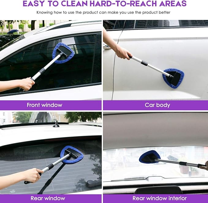 AstroAI Windshield Cleaner, Microfiber Car Window Cleaner with 12 Reusable and Washable Microfiber Pads and Extendable Handle Auto Inside Glass Wiper Kit, Blue, 3 Pack