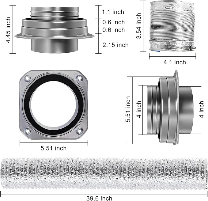 DVC-180 Magnetic Dryer Vent Connector Kit, 4 Inch Quick Connect Dryer Hose Coupling with 3.3ft Flexible Duct & 2 Clamps - Strong Airtight Seal for Easy Cleaning, Dark Silver