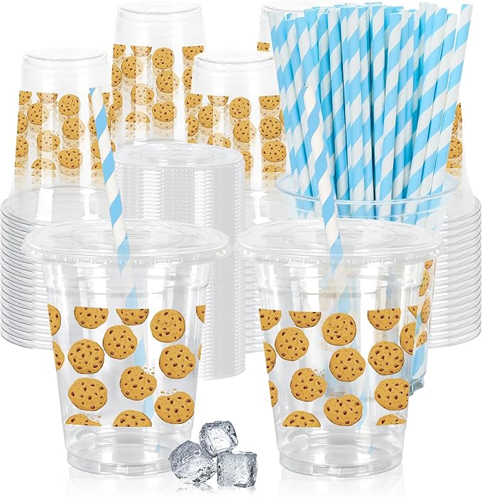 FYSUIMU 50 Pcs 12 Oz Cookie Theme Plastic Cups with Lids & Straws Disposable Clear Drinking Cups for Birthday Baby Shower Party Supplies