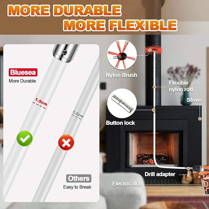 Bluesea 16 Feet Chimney Sweep Kit, Ergonomic Chimney Cleaning System with Strong Brush, Extends Up to 16 Feet, Includes 5 Flexible Chimney Rods