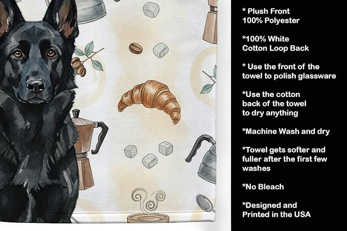 Caroline's Treasures Black German Shepherd Coffee Bar Kitchen Towel Velour Plush Front and Cotton Loop Back Machine Washable