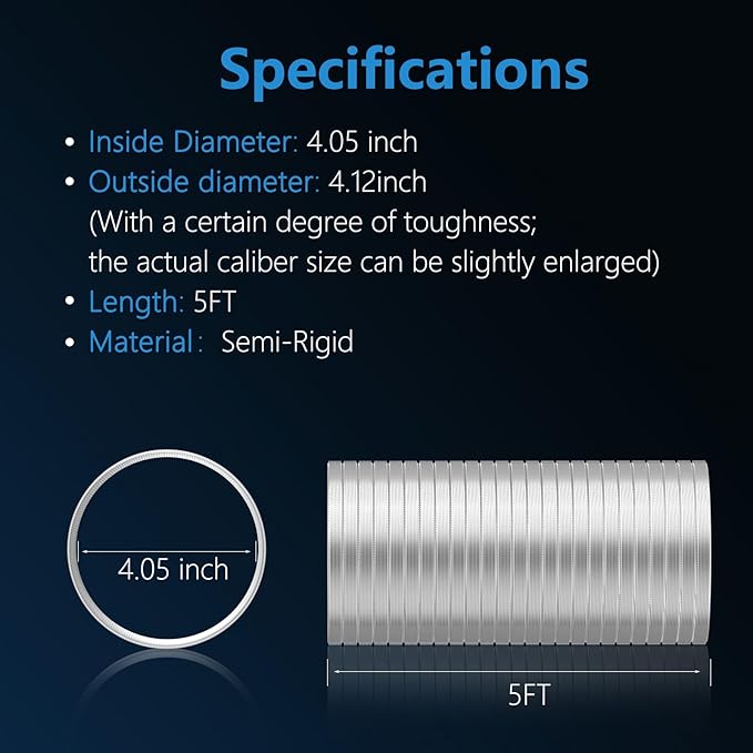 Hon&Guan 4-Inch Semi Rigid Dryer Vent Hose, 5 Feet Flexible Aluminum Duct with 2 Clamps and Aluminum Foil Tape