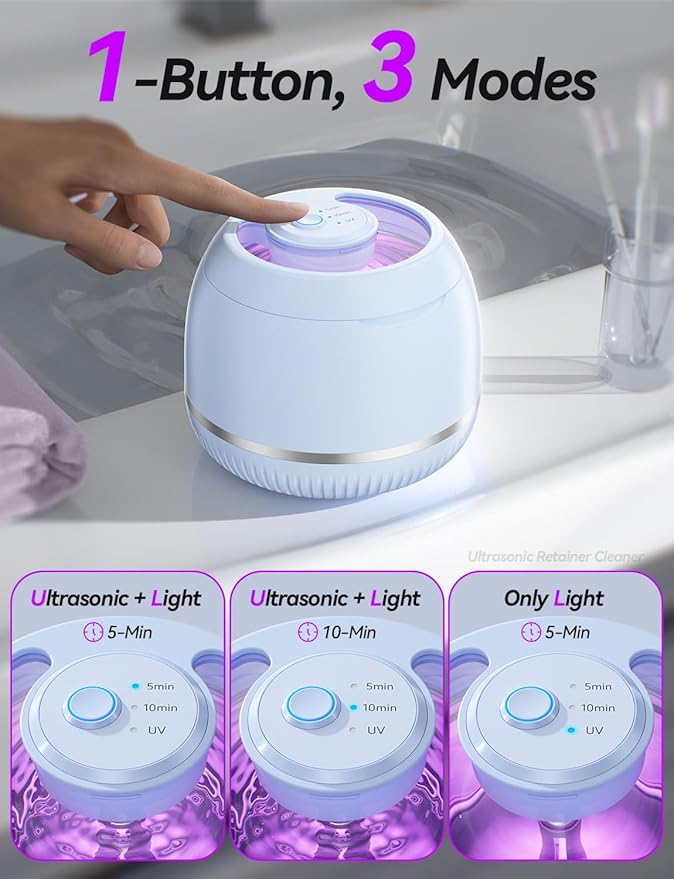 Beser Ultrasonic Retainer Cleaner, 2X Clean, 4X Sterilize, Dental Retainer Cleaner Machine Pod for Aligner, Nightguard, Mouth Guard, Denture Cleaner, Oral Dental Care, IPX6, 200ML, Sky Blue