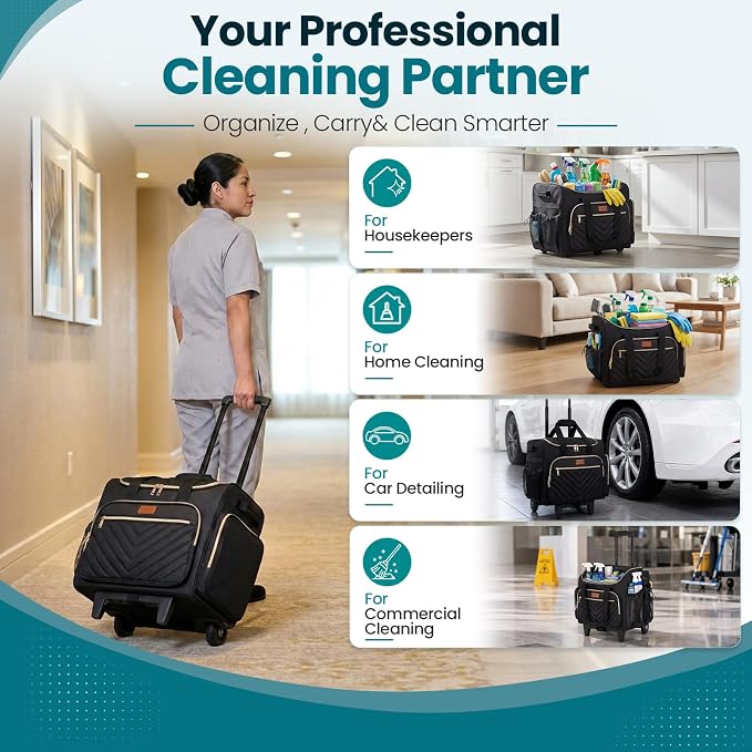 INSMEER Cleaning Caddy with Wheels, Large Cleaning Cart on Wheels with 3 Removable Clear Bags and 1 Shoulder Bag, Water Resistant Cleaner Supplies Organizer with Wheels for Kitchen, Tool Organizer