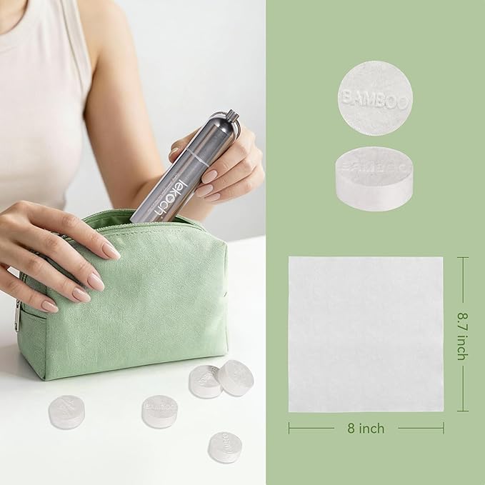 LEKOCH Compressed Towel Tablets - Bamboo Portable Camping Paper Tablets, Great for Hiking, Travel and Backpacking - Disposable Washcloths, Body Wipes, Coin Tissue (100 Pack with Metal Cases)