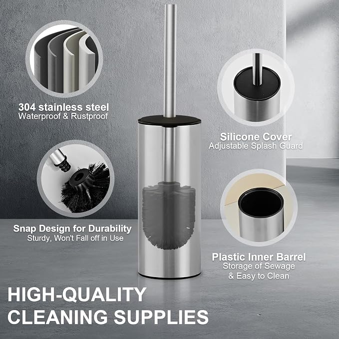 304 Stainless Steel Toilet Brush and Brush Holder Set, Circular Floor Toilet Brush Holder, Long Handle, Bathroom Heavy-Duty Cleaner, High-End Cylinder Wall, 2 Brush Head (Brushed) YIGUANXIN