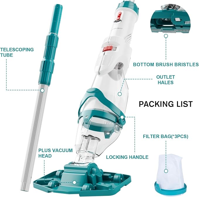 2026 Upgraded Cordless Pool Vacuum for Above Ground Pools, Dual Modes High-Flow/Strong-Suction, 1520GPH, 60 Mins Runtime, Handheld Pool Cleaner with Telescopic Pole, 3 Filter Bags